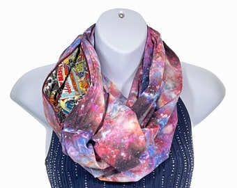 Infinity Scarf w/Pocket - Cosmos - 100% Lightweight Cotton Infinity Scarf with a Hidden Zipper Pocket