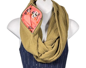 Olive Bubble Gauze - 100% Cotton Infinity Scarf with a Hidden Zipper Pocket