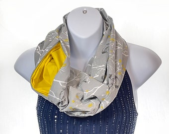 Infinity Scarf w/Pocket - Birds & Berries - Lightweight Cotton Infinity Scarf with a Hidden Zipper Pocket