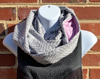 Gray Diamond Infinity Scarf with Hidden Zipper Pocket - Cotton Flannel