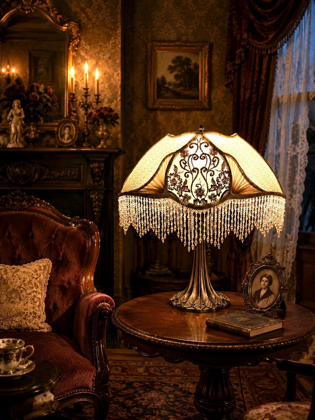 Victorian Lampshade With Base, Beaded Fringe Lampshade, Handmade