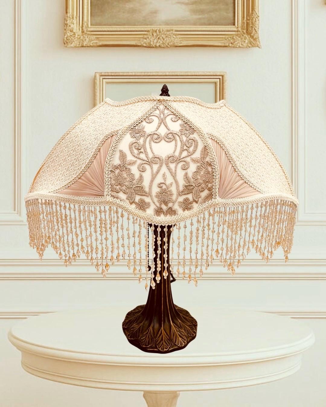 Victorian Lampshade With Base, Beaded Fringe Lampshade, Handmade
