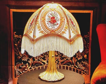 Handmade Victorian Lampshade with Base: Embroidered Floral Lace, Ivory Trim
