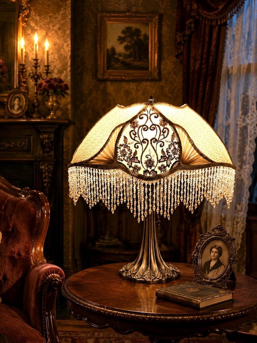 Victorian Lampshade With Base, Beaded Fringe Lampshade, Handmade