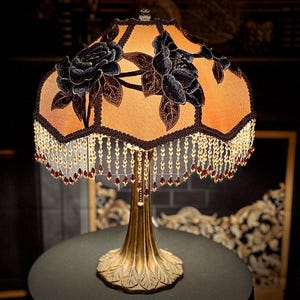 Handmade Victorian Table Lamp: Champagne Fabric, Floral Embroidery, Crystal Fringe