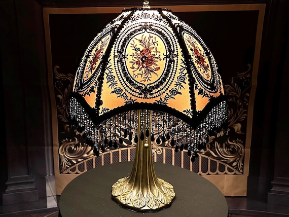 Victorian Table Lamp: Black Lace, Floral Embroidery, Art Nouveau