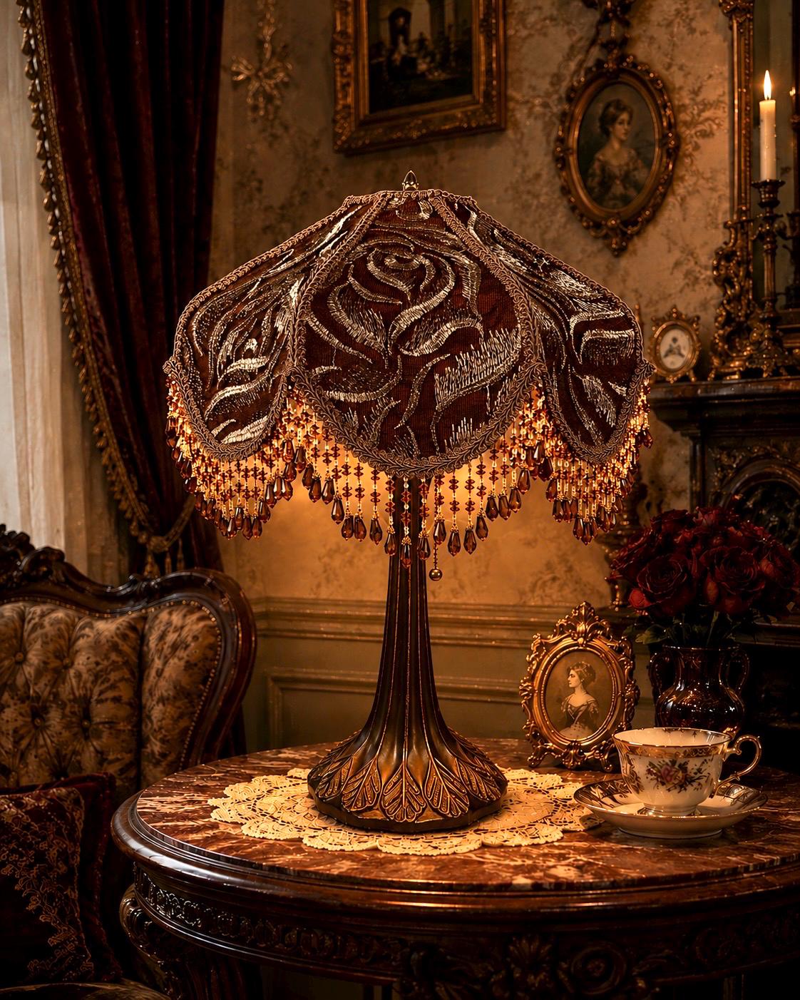 Victorian Lampshade in Chocolate and Silver Lace With Beaded