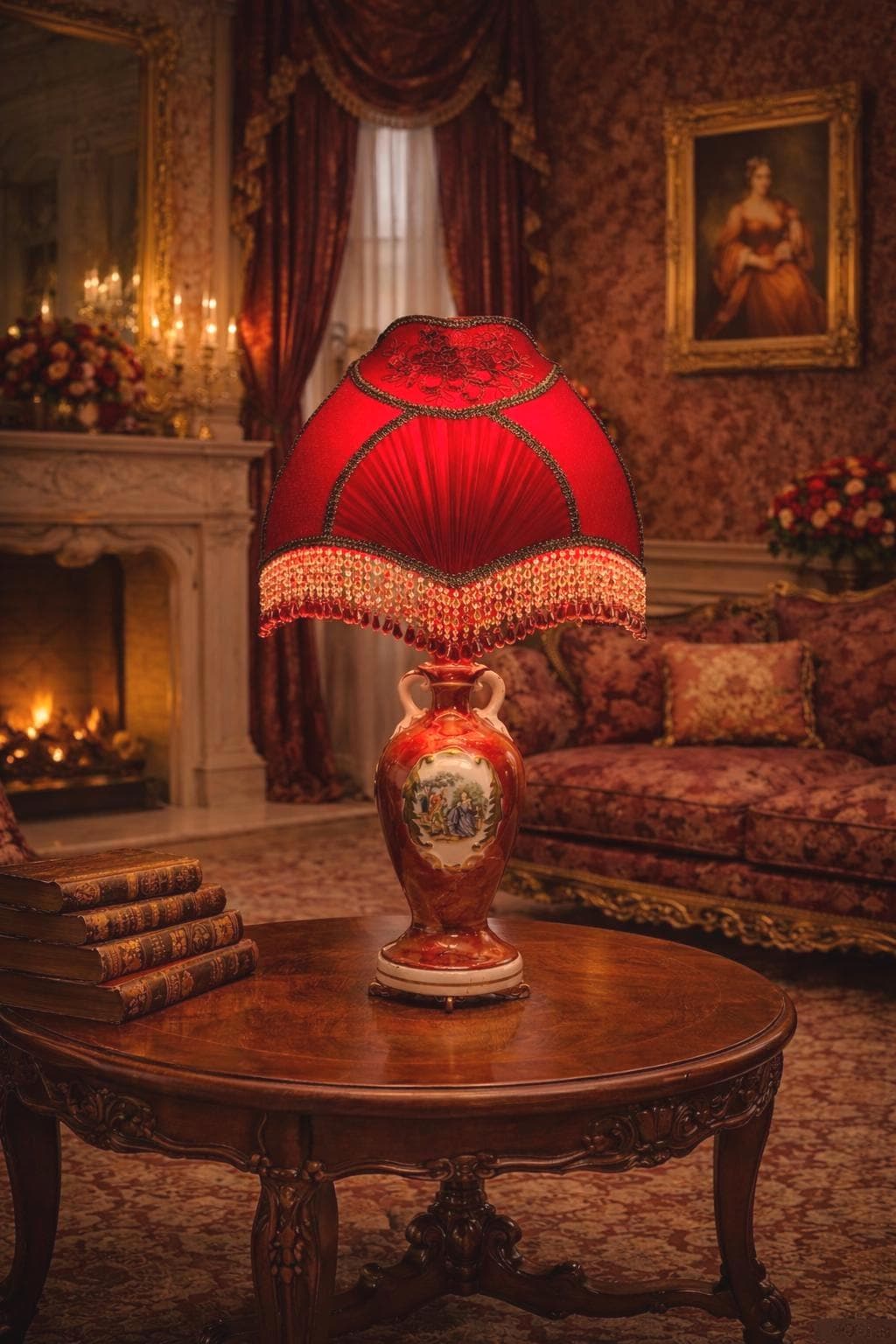 Victorian Red Lampshade With Beaded Fringe, Antique Table Lamp