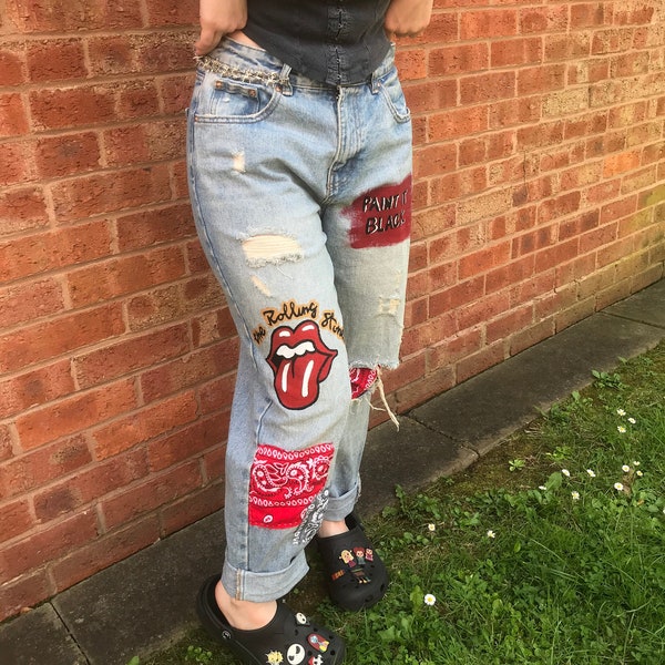 Personalisierte handbemalte 'The Rolling Stones' Jeans Größe 10