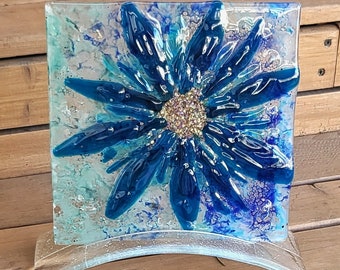 Fused glass blue flower art panel, fused glass garden art, colorful fused art, glass art, home decorative art