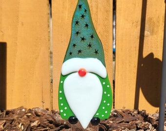Fused glass gnome plant stake, cute flower pot decoration, flower bed art, glass patio gnome, garden gnome art