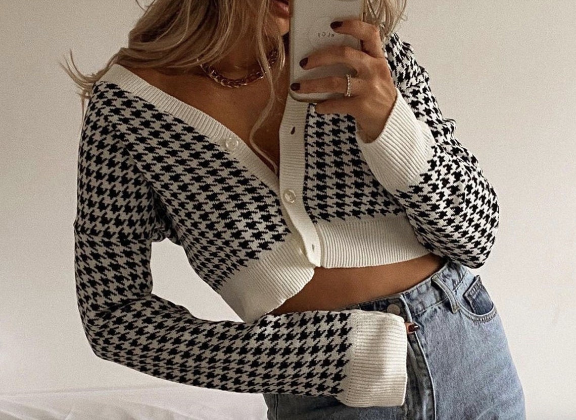 Houndstooth Knitted Sweater Cardigan Long Sleeve V Neck Etsy