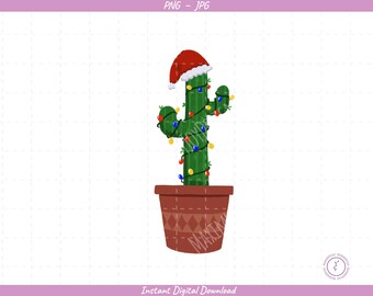 Christmas Cactus Sublimation Clip Art / Santa Hat / Dessin à la main / Téléchargement numérique