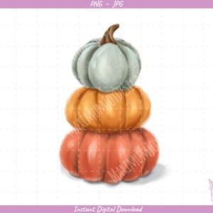 May include: A stack of three pumpkins, one light blue, one orange, and one red-orange. The pumpkins are stacked on top of each other, with the largest pumpkin on the bottom and the smallest pumpkin on top.