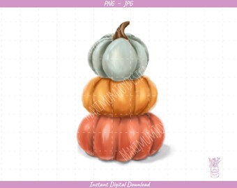 Cute Pumpkin Stack Sublimation Clip Art / Watercolor Pumpkins / Hand Drawn / Digital Download