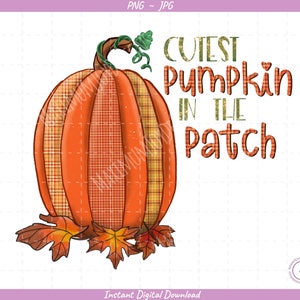 May include: A digital illustration of a pumpkin with a plaid pattern and the text "Cutest Pumpkin in the Patch". The pumpkin is surrounded by autumn leaves.