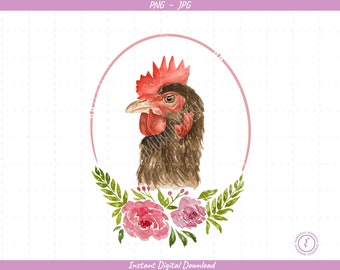 Watercolor Chicken Sublimation Clip Art / Chicken with Flowers / Hand Drawn / Digital Download