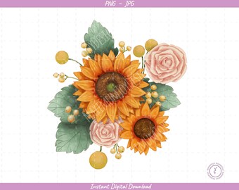 Sunflower Bouquet Sublimation Clip Art / Sunflower Arrangement / Hand Drawn / Digital Download