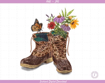 Cheetah Duck Boots Sublimation Clip Art / Boots with Wildflowers / Hand Drawn / Digital Download