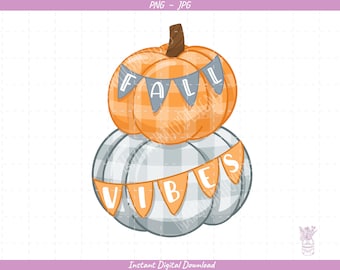 Fall Vibes Pumpkin Stack Sublimation Clip Art / Plaid Pumpkins / Hand Drawn / Digital Download
