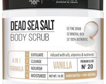 VANILLA BODY SCRUB Dead Sea Salt Infused with Organic Essential Oils  Nutrients + Free Wooden Spoon, Loofah & Organic Exfoliating Soap