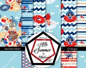 Summer Seamless Pattern, Summer Beach Digital Seamless Paper, Hand Drawn Seamless Pattern, Beach Girls Fun Illustration, Blue Wave Stripes
