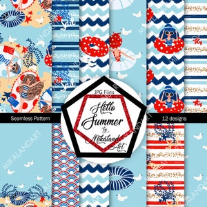 Motif sans couture d’été, Papier numérique sans couture de plage d’été, Motif sans couture dessiné à la main, Illustration amusante pour les filles de plage, Rayures de vague bleue