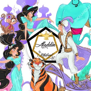 Aladdin and the Magic Lamp Clipart, Genie, Jasmine Princess clipart, Abu, Rajah Drawing, Arabic Princess PNG, Transparent Background