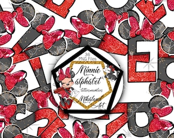 Minnie Mouse Alphabet Hand-drawn ClipArt Letters and Numbers, Red Black Christmas Glitter, Minnie Red Glitter Numbers Letters PNG