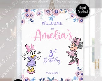 Minnie Mouse Welcome Birthday Party Sign, Minnie Pink Flowers Birthday Poster, Welcome Birthday Party Board, Digital, Peronalized, Printable