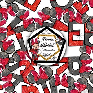 Minnie Mouse Alfabeto Desenhado à Mão ClipArt Letras e Números, Vermelho Preto Brilho de Natal, Minnie Vermelho Brilho Números Letras png