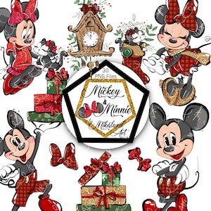 Mickey Minnie Mouse archivos PNG dibujados a mano, rojo oro verde brillo, Mickey PNG, Minnie PNG, reloj de cuco de Navidad, descarga instantánea