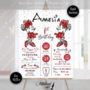 Minnie Mouse First Birthday Party Sign, Minnie Red Birthday Poster, 1st Birthday Party Design, Digital, Peronalized, Printable