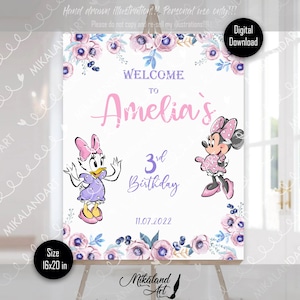 Minnie Mouse Welcome Birthday Party Sign, Minnie Pink Flowers Birthday Poster, Welcome Birthday Party Board, Digital, Peronalized, Printable