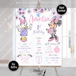 Minnie Mouse First Birthday Party Sign, Minnie Pink Flowers Birthday Poster, 1st Birthday Party Design, Digital, Peronalized, Printable
