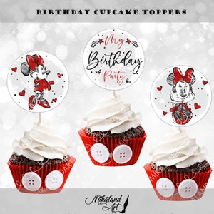 Minnie Mouse Birthday Cupcake Toppers, Minnie Mouse Red Drawings, Birthday Party Tags, Instant Download, Digital, Printable