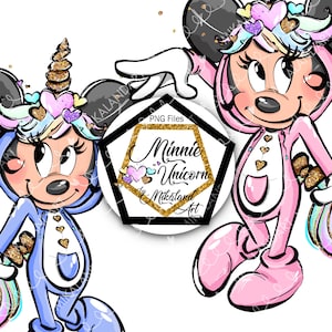 Ilustração de fantasia de unicórnio de Minnie Mouse, clipart desenhado à mão, rosa roxo verde azul amarelo glitter, fundo transparente de Minnie PNG