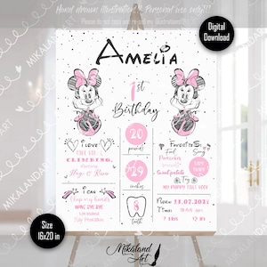 Cartel de fiesta de primer cumpleaños de Minnie Mouse, cartel de cumpleaños rosa de Minnie, diseño de fiesta de 1er cumpleaños, digital, peronalizado, imprimible