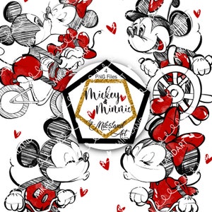 Arquivos PNG desenhados à mão de Mickey Minnie Mouse, esboço preto vermelho, retro Mickey PNG, RetroMinnie PNG, download instantâneo