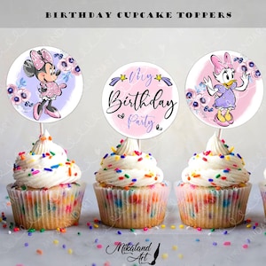 Minnie Mouse Birthday Cupcake Toppers, Fiori Minnie Mouse e Paperina Birthday Party Tags, Download istantaneo, Digitale, Stampabile