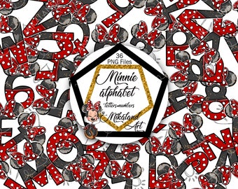 Minnie Mouse Handgetekende letters en cijfers, rood goudgrijs zwart glitter, Minnie verjaardagsnummers letters PNG, instant download