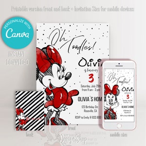 Invitación de cumpleaños de Minnie Mouse, invitación clásica de Minnie Mouse, diseño simple, digital, peronalizada, imprimible