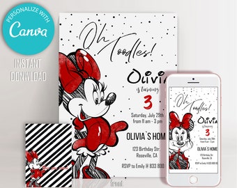 Invitación de cumpleaños de Minnie Mouse, invitación clásica de Minnie Mouse, diseño simple, digital, peronalizada, imprimible