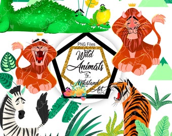 Wild Animal Clip Art, Hand Drawn, Planner Sticker, Cute Lion, Zebra, Crocodile, Chameleon, Tiger, Digital Illustration, Boy Girl Decorations