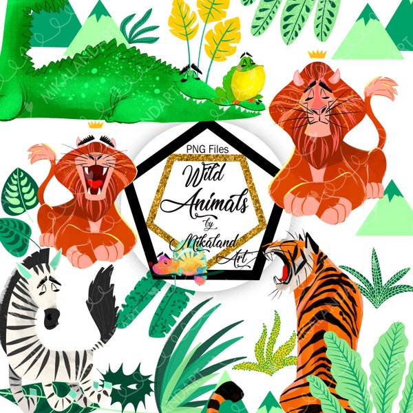 Wild Animal Clip Art, Hand Drawn, Planner Sticker, Cute Lion, Zebra, Crocodile, Chameleon, Tiger, Digital Illustration, Boy Girl Decorations