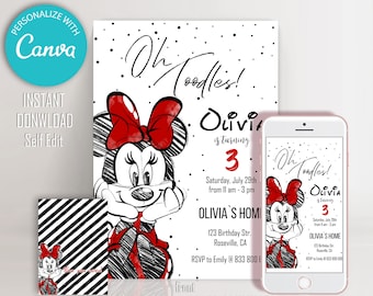 Minnie Mouse Geburtstagseinladung, Minnie Mouse Red Invite, schlichtes Design, digital, personalisiert, selbst bearbeiten, druckbar und Größe für mobile Geräte