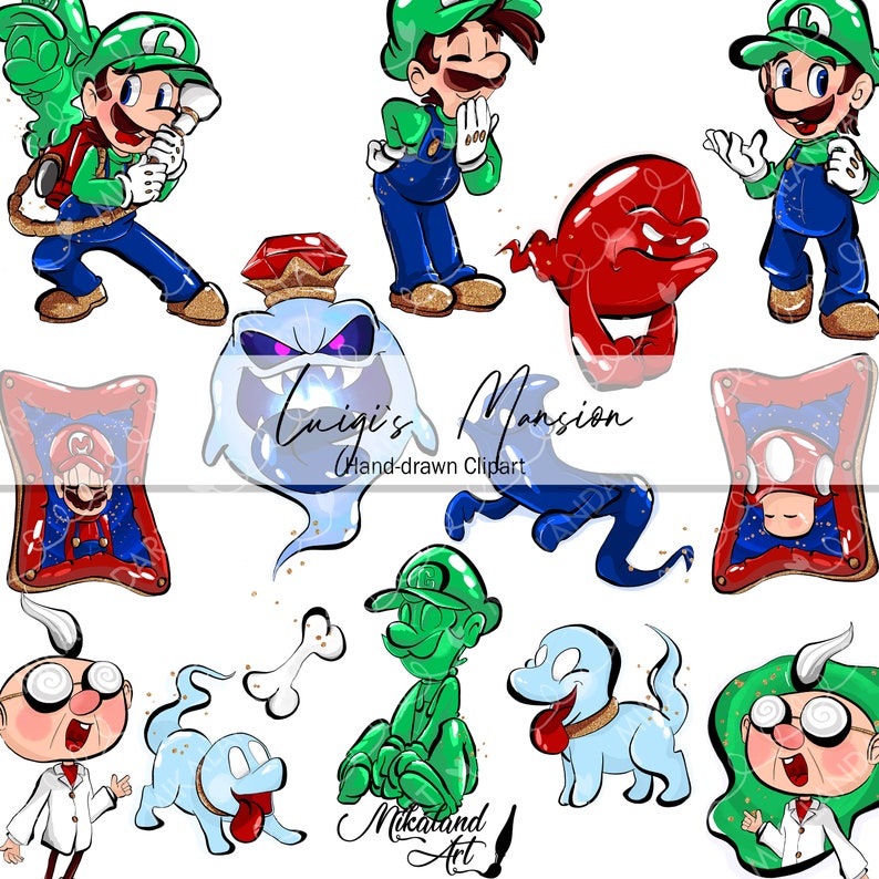 Luigi Hand-drawn Clipart Mansion Ghosts Green Red Blue - Etsy