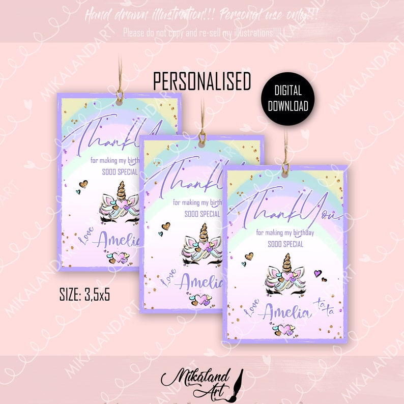 Unicorn Birthday Thank You Card Pink Purple Unicorn Birthday Etsy