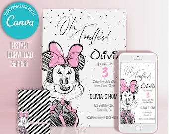 Invitación de cumpleaños de Minnie Mouse, invitación de cumpleaños de Minnie Mouse, diseño simple, digital, personalizado, imprimible