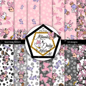 Minnie Mouse Daisy Duck Best Friends Seamless Pattern, Hand-drawn files, Pink Purple Grey Black Glitter, Daisy Pattern, Minnie Pattern
